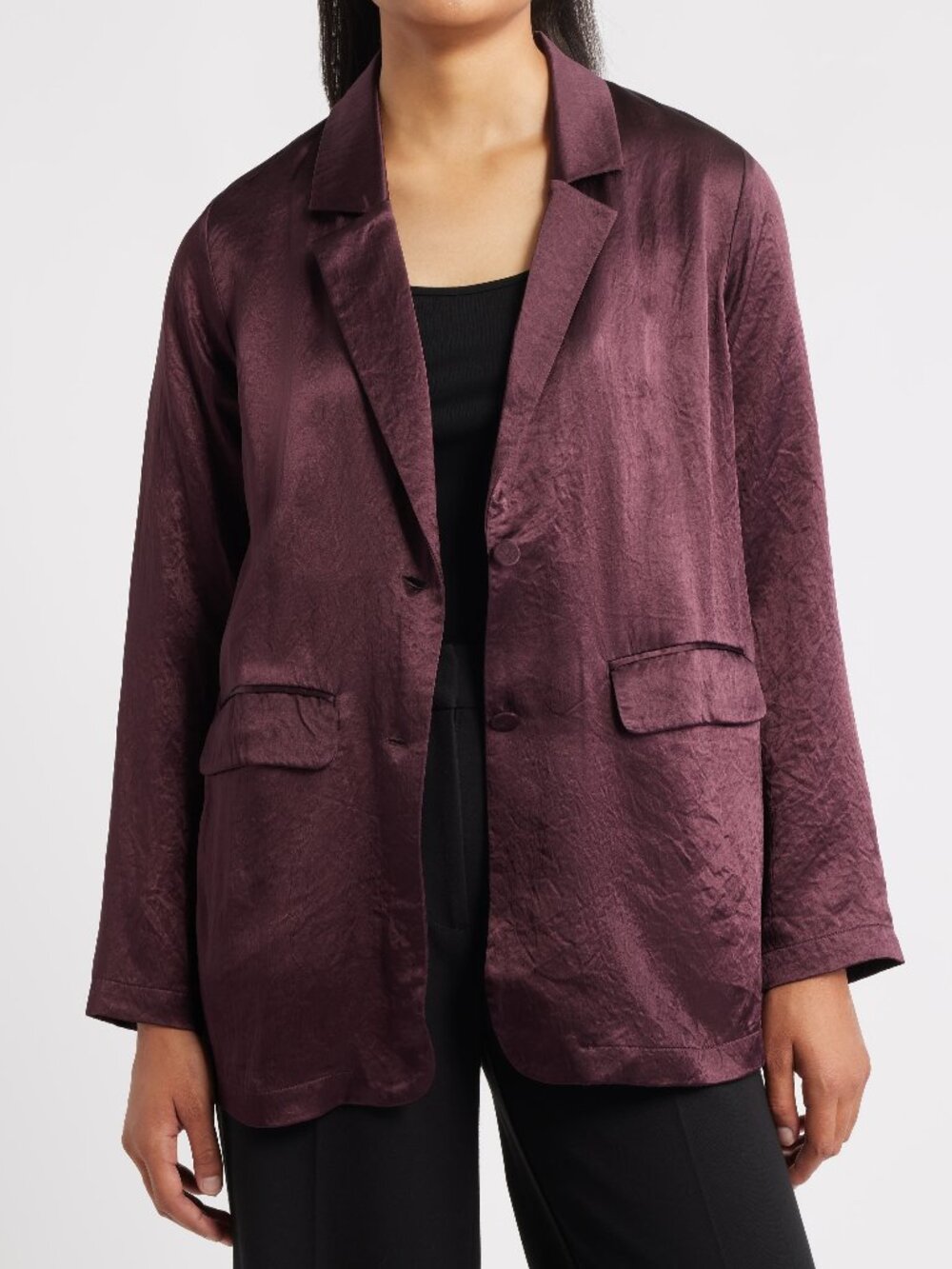 Eileen Fisher Crinkled Satin Blazer Jacket, Wine - Picture 2 of 4